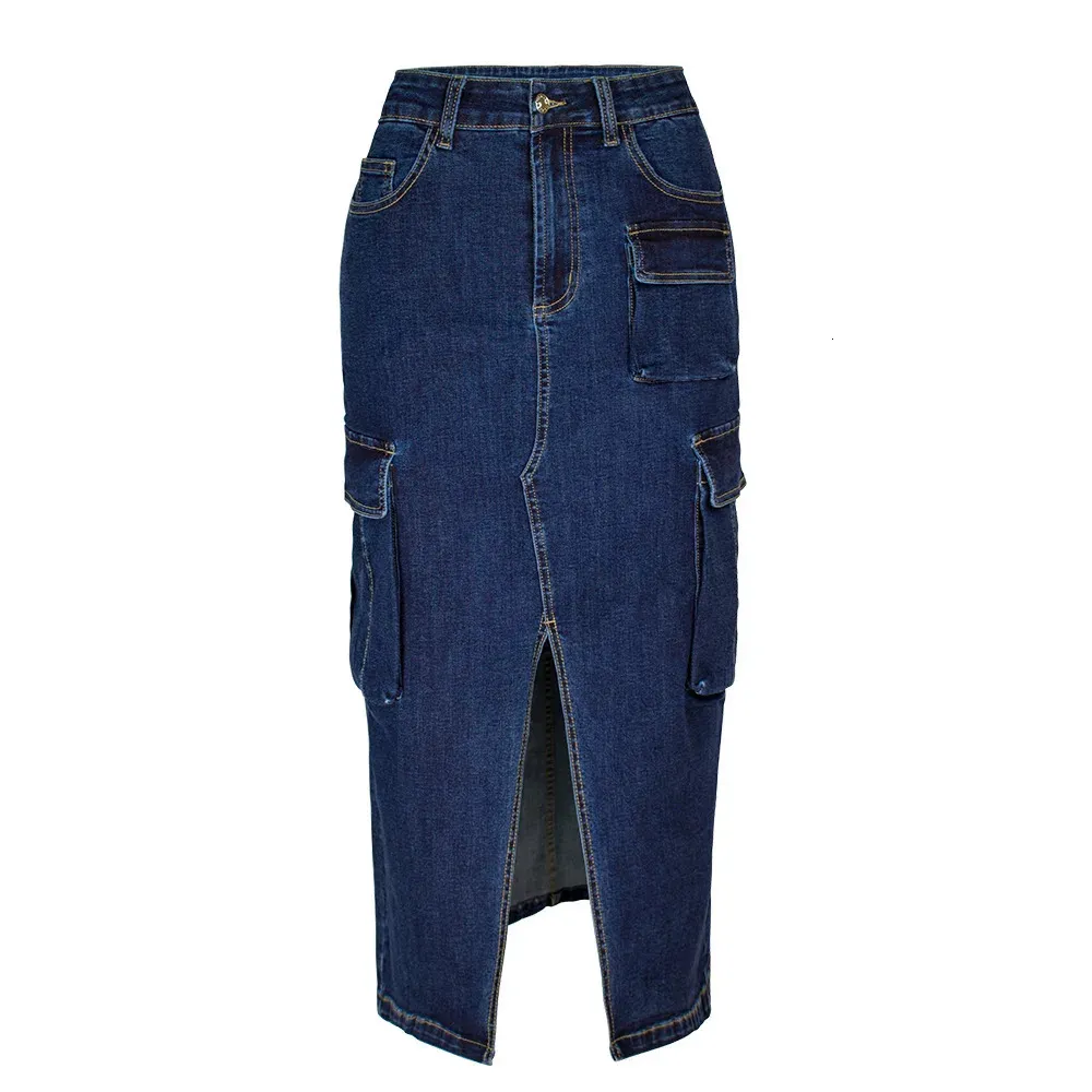 Denim Skirt Jeans Women Elegant Multi Pocket Front Split Skirts Irregular Street Skirt