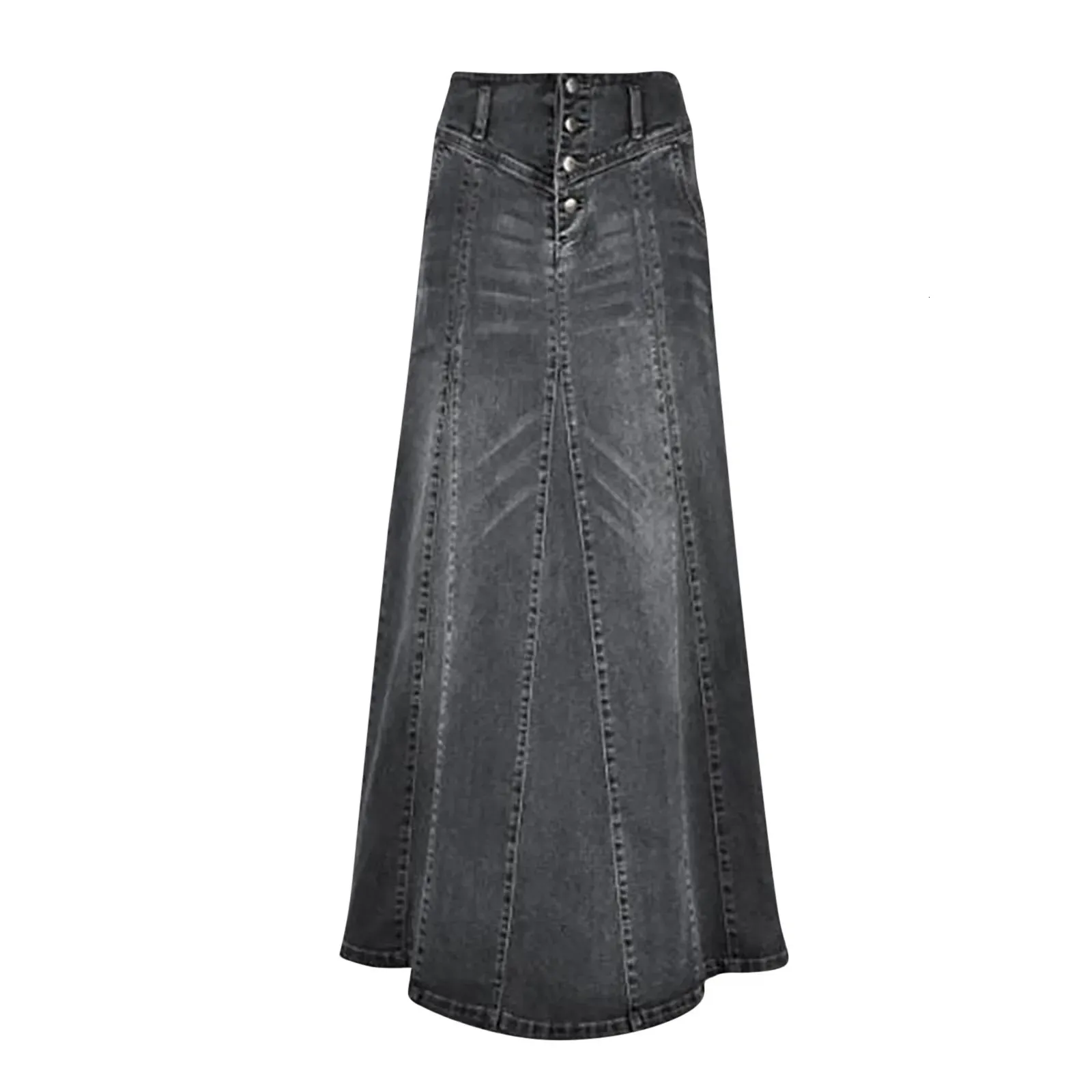 Women Vintage Denim Skirt High Waist Patchwork Skirt Streetwear A-Line Washed Pockets Buttons Female Long Skirts