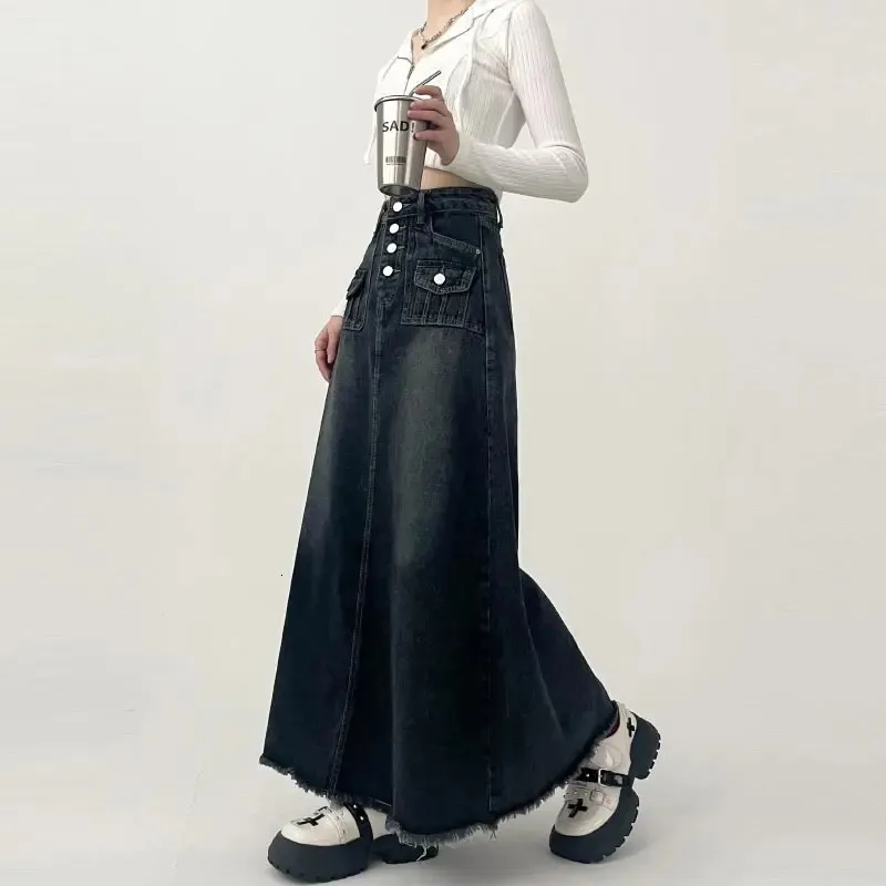 Women's High Waist Denim Skirt Long A-Line Skirt R...