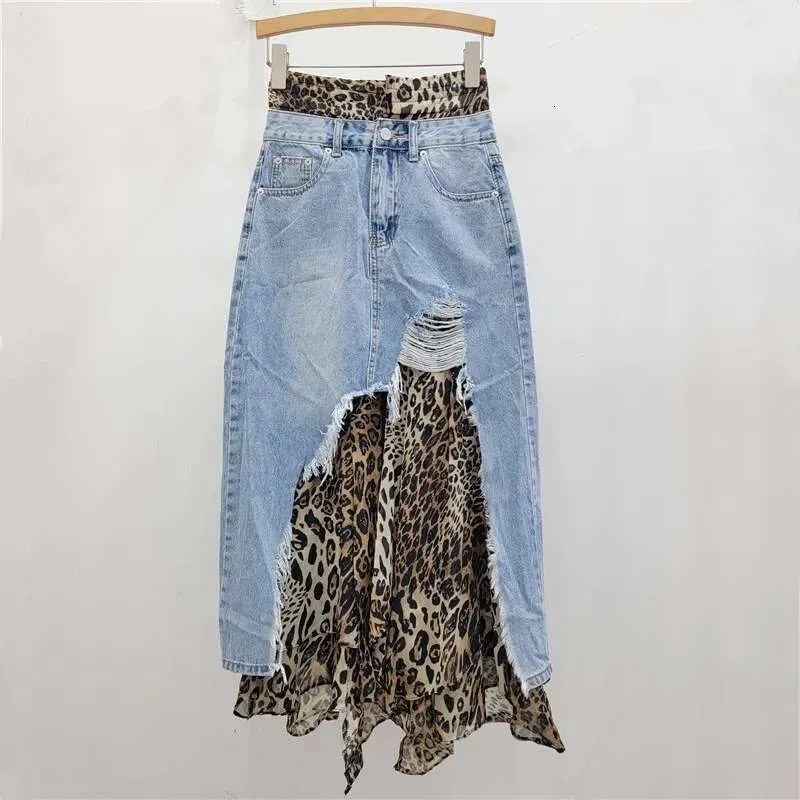 Women's Denim Patchwork Leopard Print Irregular A-...