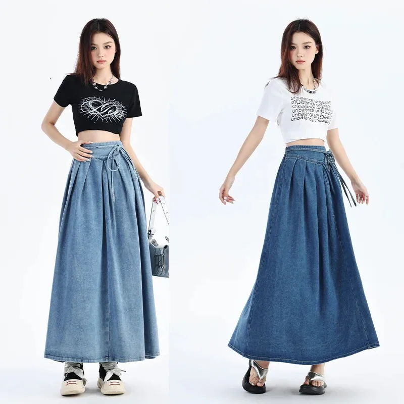 Autumn High Elastic Waist Long Denim Skirt For Women Streetwear Lace-up Blue Maxi Jeans Skirts Female