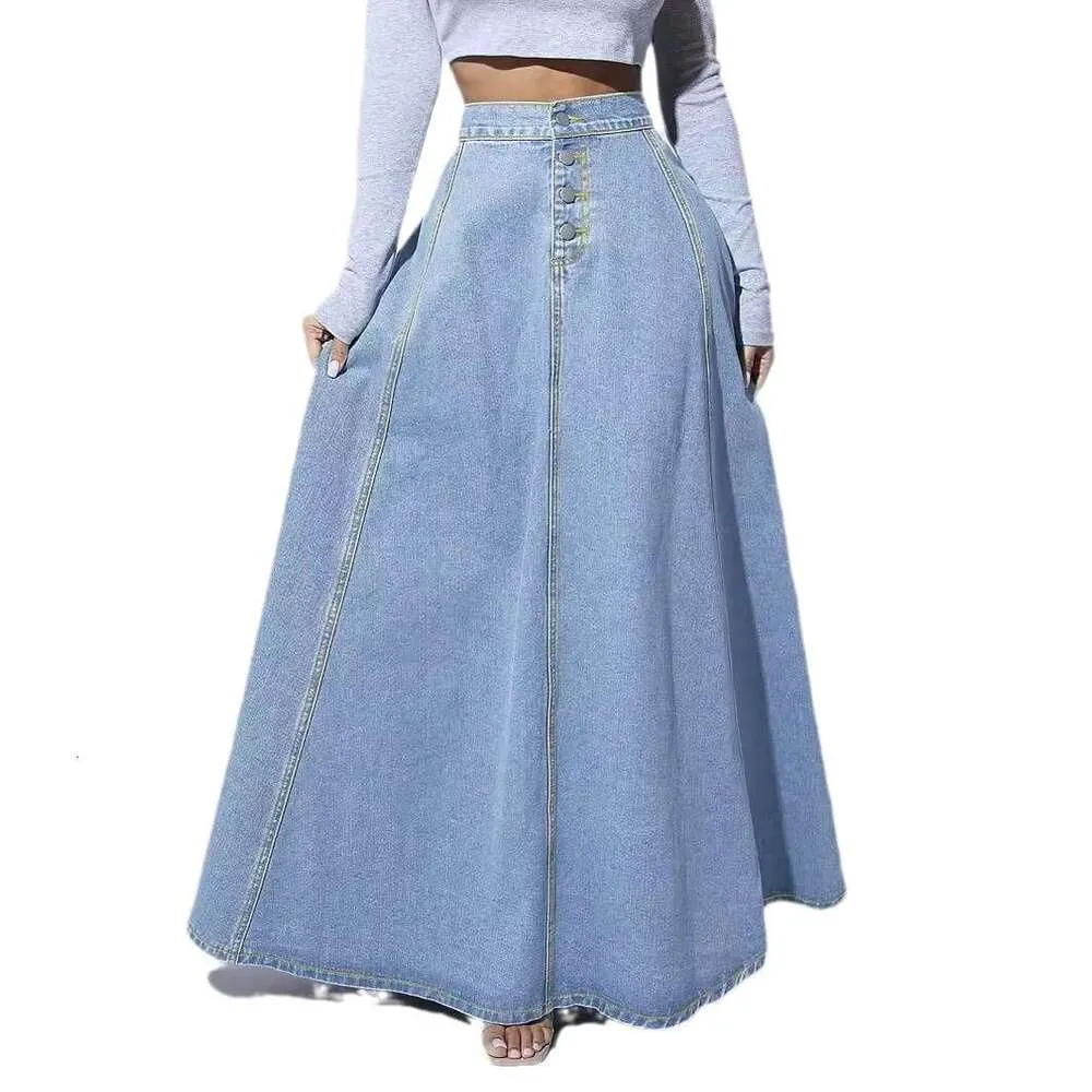 Single-Breasted Denim Midi For Women Vintage Stylish Flared A-Line Skirt
