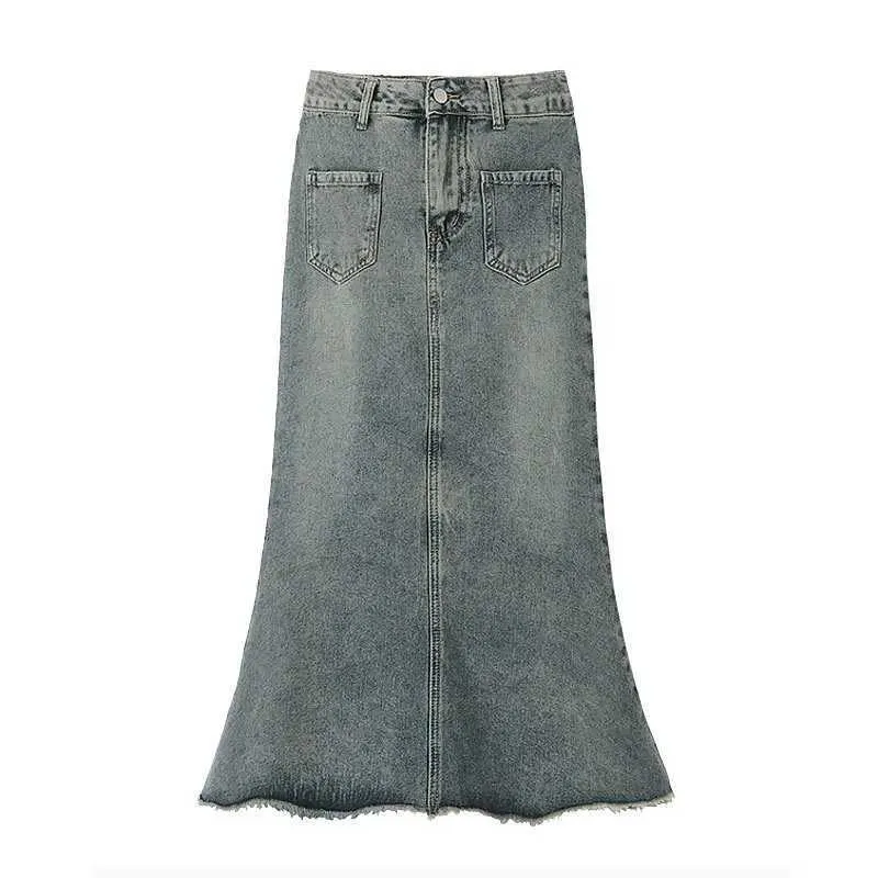 Women High Waisted Retro Denim Fishtail Skirt Medium Long A-Line Denim