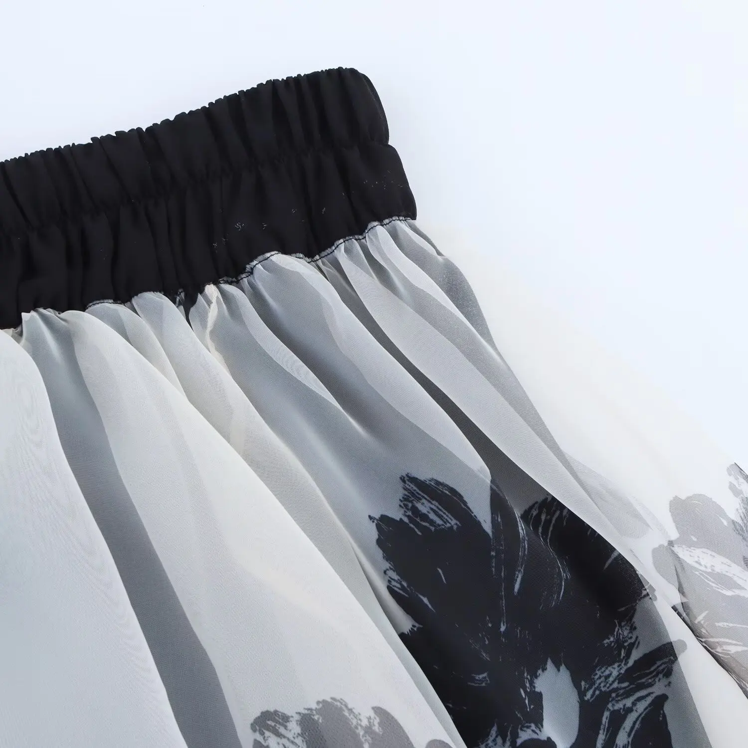 Women Summer Fashion Simple Printed Transparent Hard Yarn Skirt Female Elegant Elastic Waist Pleated Long Skirt