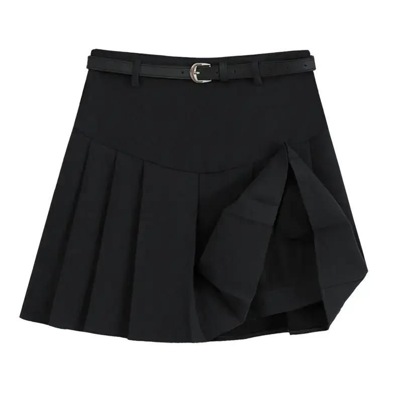 Fashion Mini Short Skirts Spring Summer A Line Skirt With Belt Chic Pleated Skirts For Women High Waisted