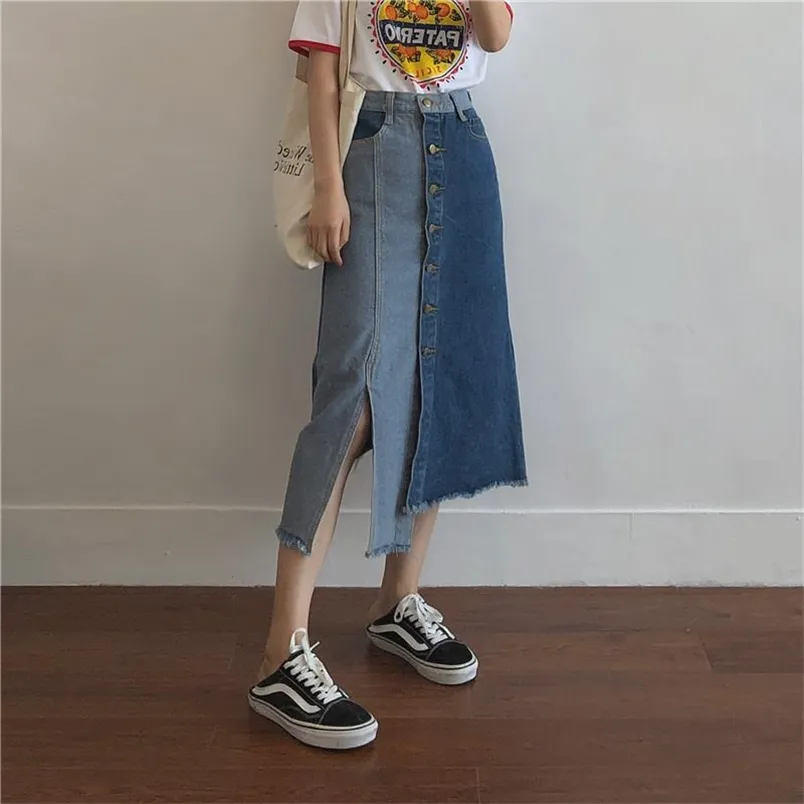 Fashion Women High Waist Patchwork Denim Long Skirt Single-breasted Asymmetrical