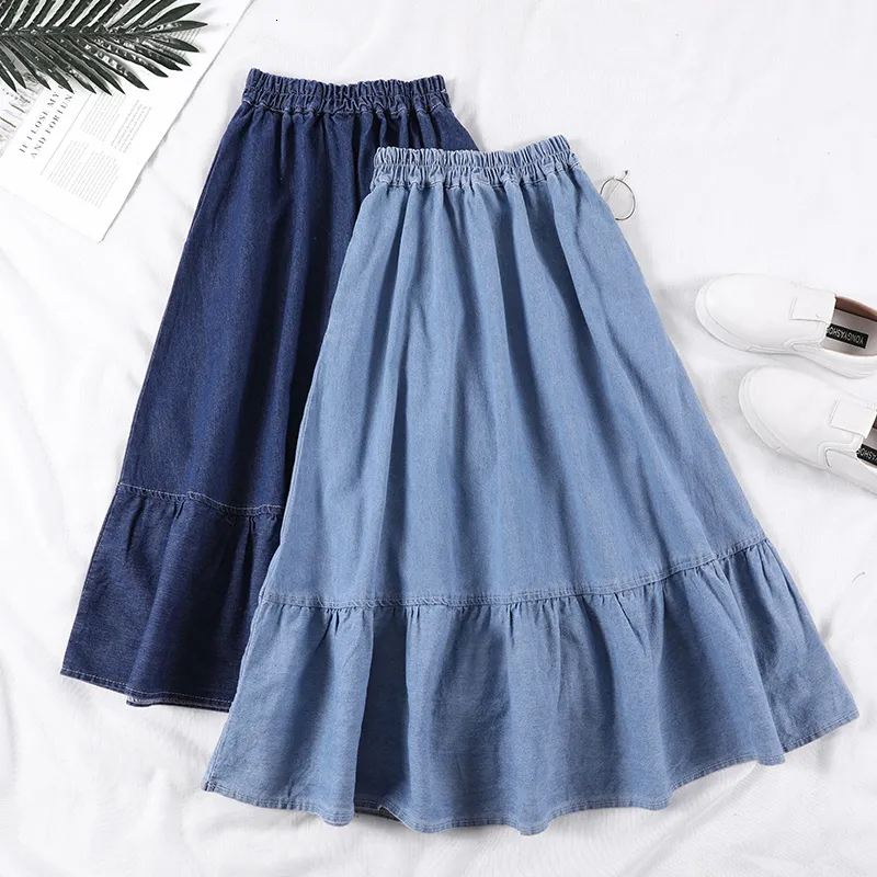 Female A-line Long Denim Skirt Pockets Women High Waist Midi Jeans Skirts
