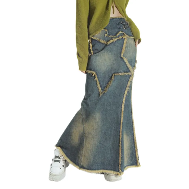 Retro Aesthetics Long Skirt Vintage Goth Streetwear Hippie Style Vintage Star Tassel Pattern Denim Skirts