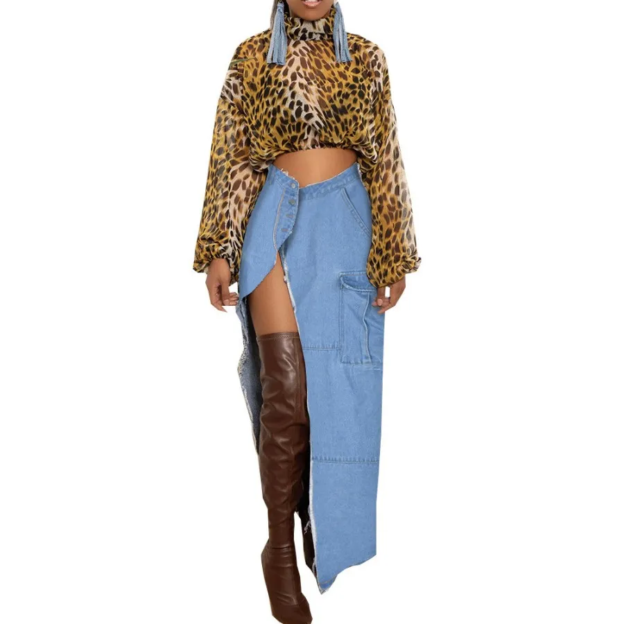 Sexy High Split Maxi Jeans Skirt Women Ripped Irregular Casual Denim Skirt