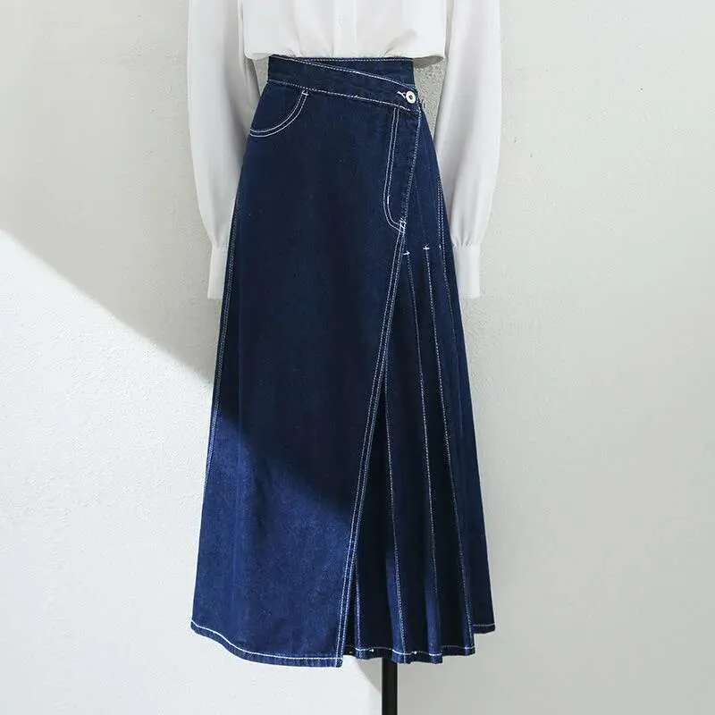 Fashion Retro Long Maxi Denim Skirts Girls High Waist Pockets Split Pleated Jeans Skirts Elegant Ladies Clothes