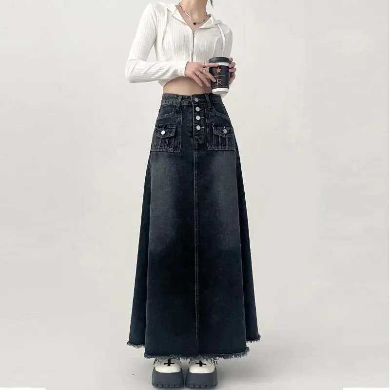 High-waisted Denim Skirt Women Autumn Long A-line Mid-length Skirt Retro Style