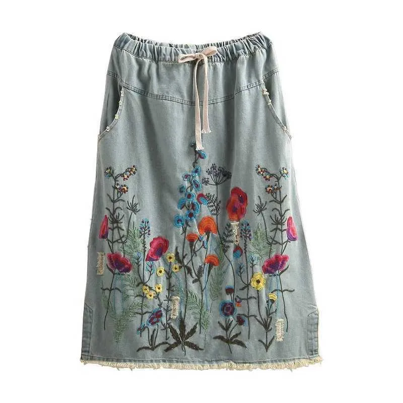 Denim Long Mid-calf Skirts For Women Tassels Elastic Waist A-line Embroidery Holes