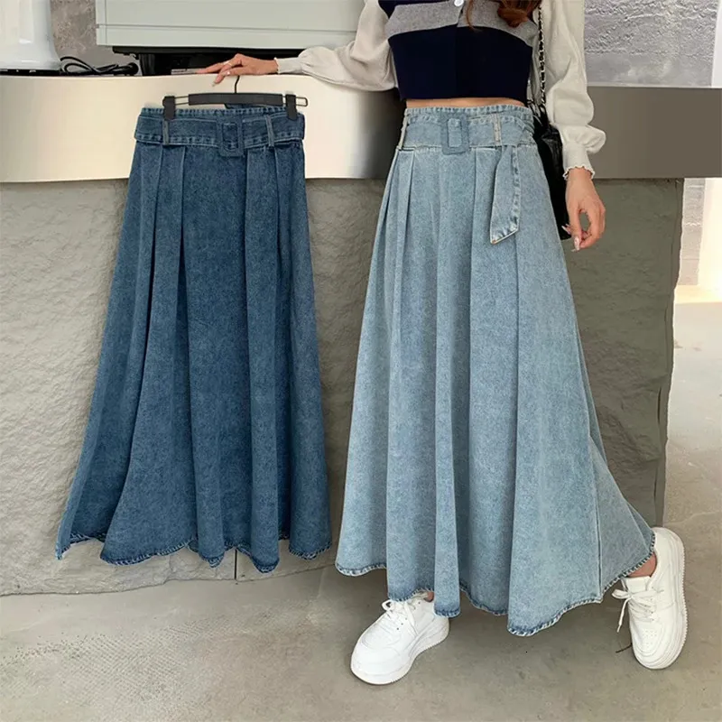 Women Denim Pleated Skirt Long Jean Skirts Elegant Cowboy Skirt