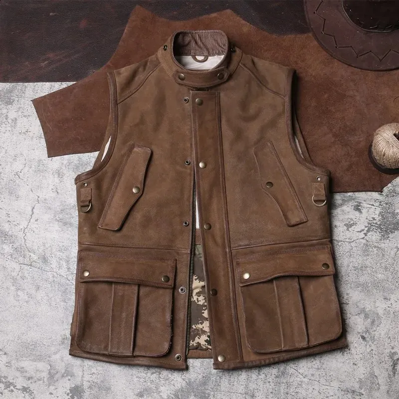 Outdoor Men's Cargo Vests Vintage Cowhide Genuine Leather Cowboy Sleeveless Jacket Vest MultiPocket Stand Collar Biker Waistcoat