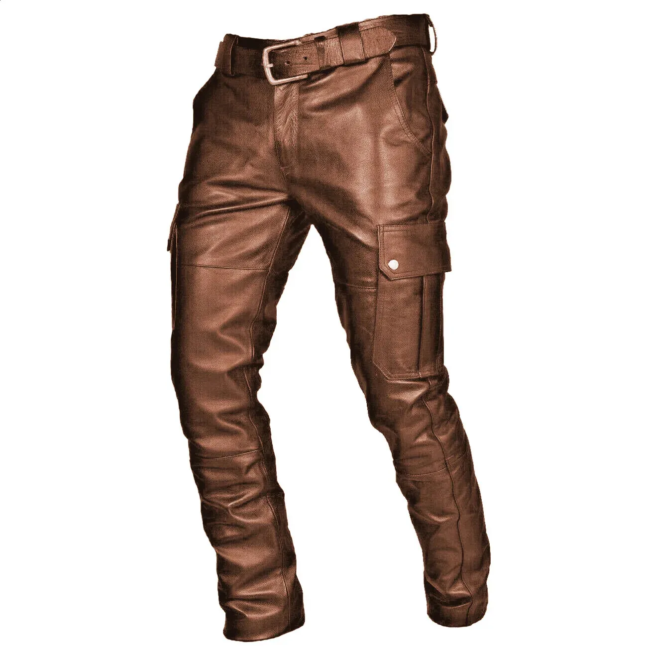 Trendy PU Motorcycle Pants For Men With Cargo Pockets Black Leather-Look Big Size Without Belt