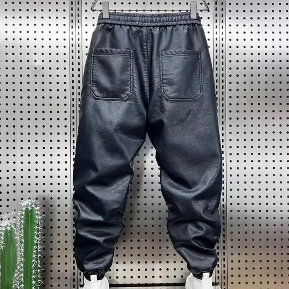 Windproof Waterproof Faux Leather Cycling Pants Men’s Elastic Waist Ankle-Cuffed Trousers