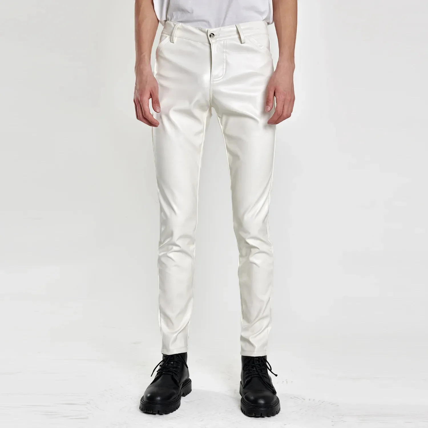 Men’s Solid Color Lightweight Leather Pants Elastic Slim Fit Narrow Leg Multi-Color Options