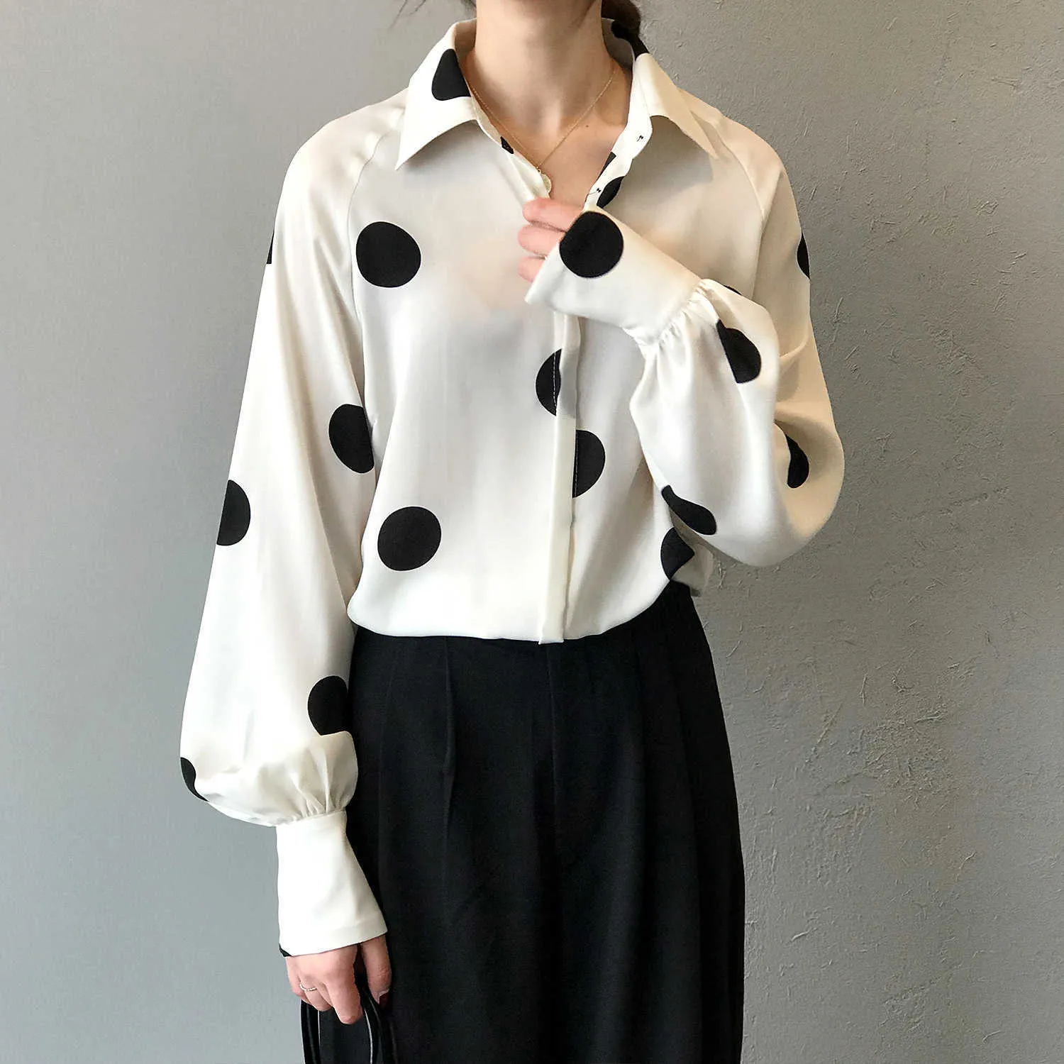 Vintage Polka Dot Chiffon Shirt Women Long Sleeve LooseBlouse Plus Size