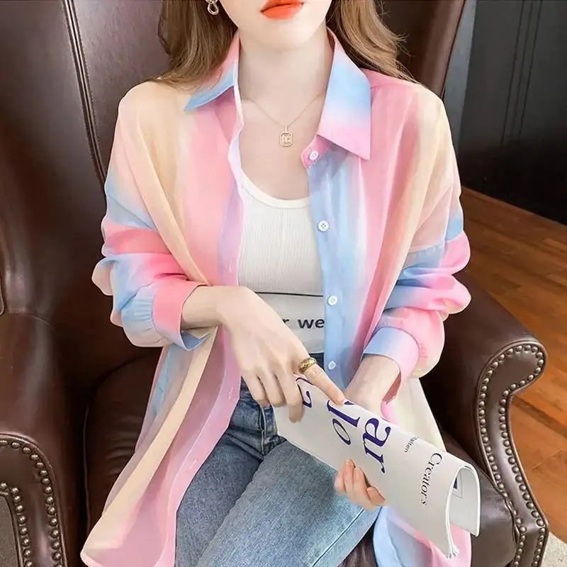 Turn-down Neck Long Sleeved Shirt And Blouses Gradient Rainbow Color See-through Thin