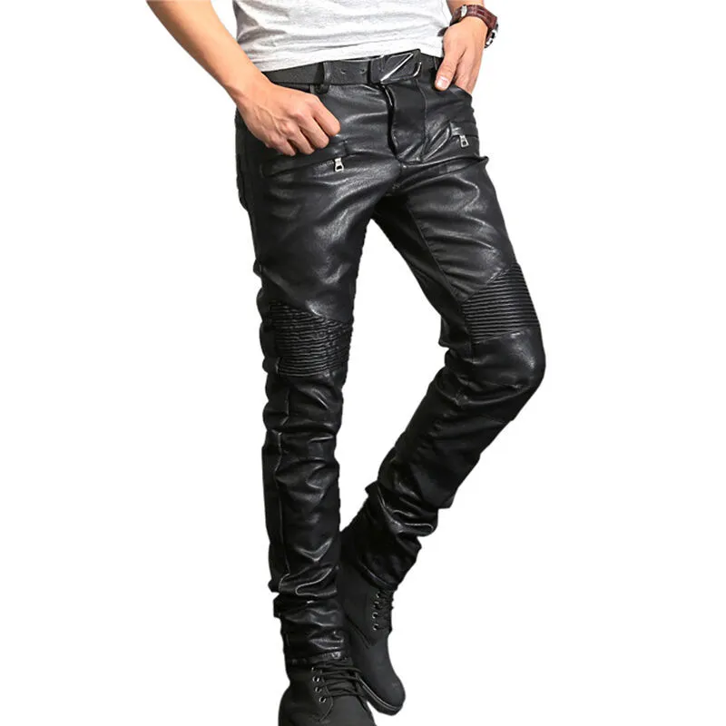 Men’s Moto Ribbed Biker Skinny Leather Pencil Trousers