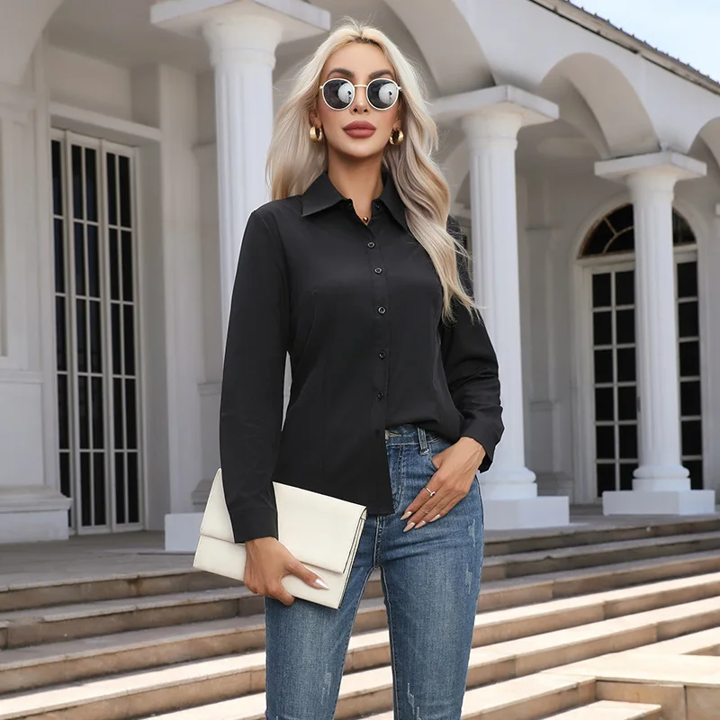 Style Blouses Shirts Lady Casual Long Sleeve Turn-Down Collar Solid Color Blouse Tops