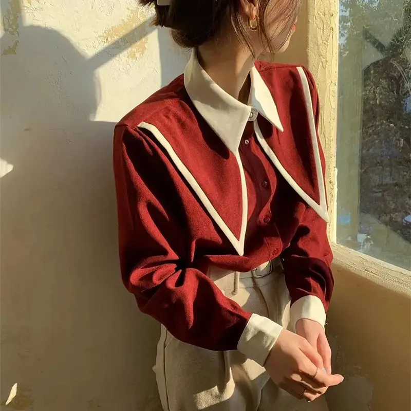 Vintage Shirts Women Elegant Patchwork Long Sleeve Blouses Lady