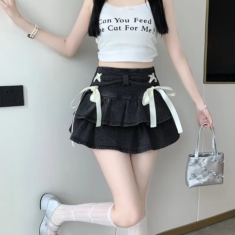 Fashion Streetwear Mini Denim Skirts Women Preppy Ruffle Skirts Lace Up Bow Short Jean Pleated Skirt