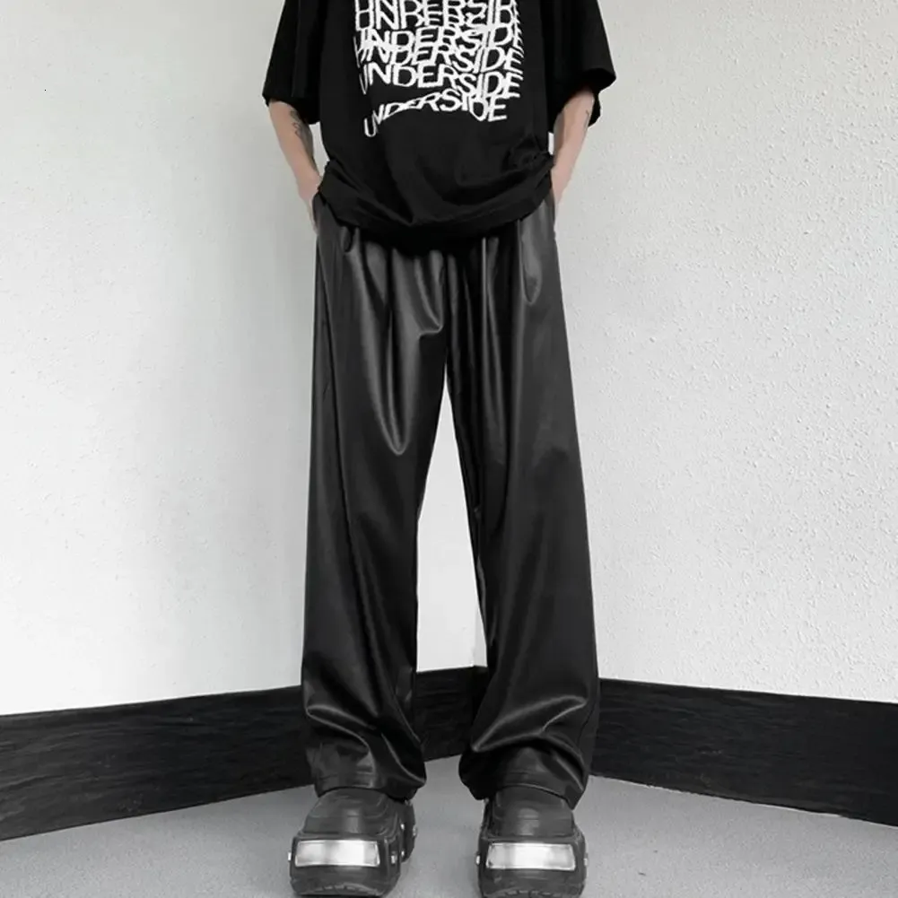 Men’s Straight PU Leather Wide Leg Trousers With Elastic Drawstring Waist Hip Hop Waterproof Streetwear