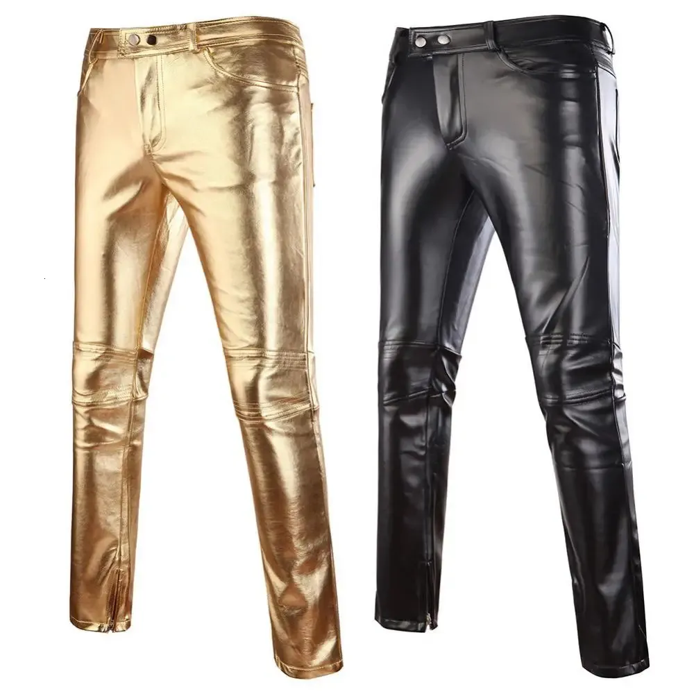 Men’s Casual Skinny Metallic Leather Trousers Gold Silver Motorcycle Stage Pants For Dancers And Singers