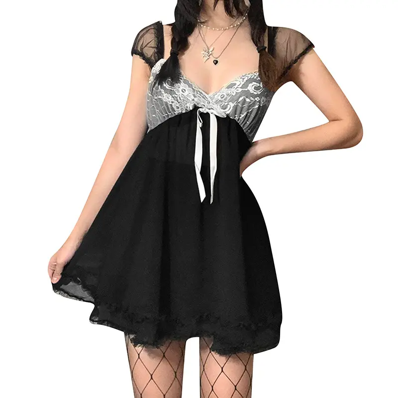 Lace-Edged Dress With V-Neckline, Sleeveless A-Line Shape And Bow Accent