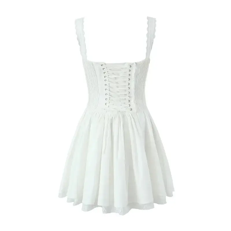 Off-Shoulder Dress With Lace Trim And Bow Belt, Short Length