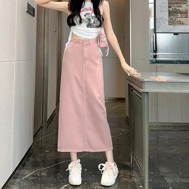 Women's Denim Shorts Light-pink High-waisted Slit Retro Elegant Fashionable Casual Denim Long Skirt Female