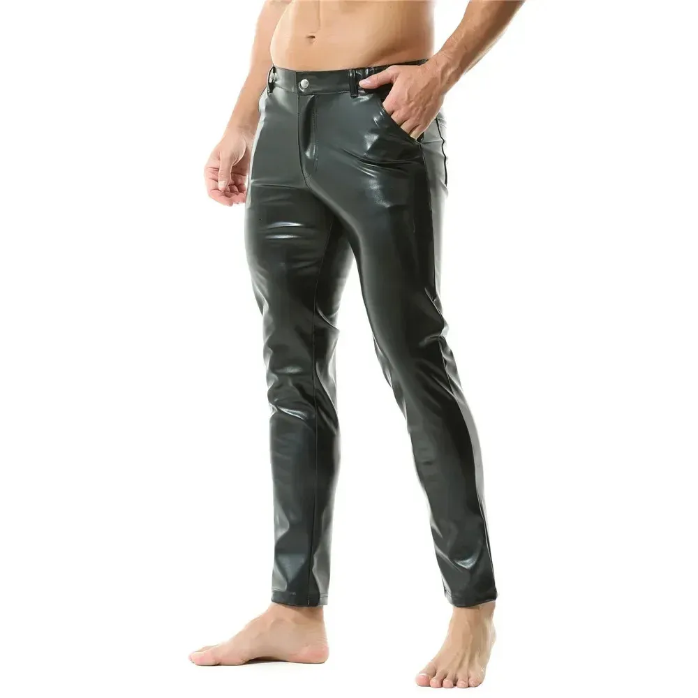 Men’s Casual Zip Faux Leather Trousers Streetwear Nightclub Straight Leg Pants With Pockets Motorcycle Style