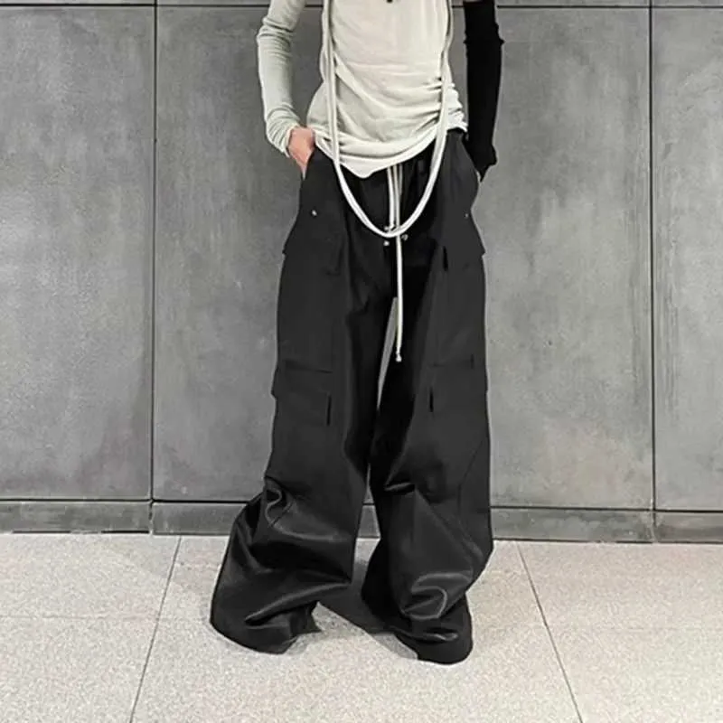 Men’s Matte PU Leather Baggy High Street Cargo Pants With Drawstring Wide Leg Overalls