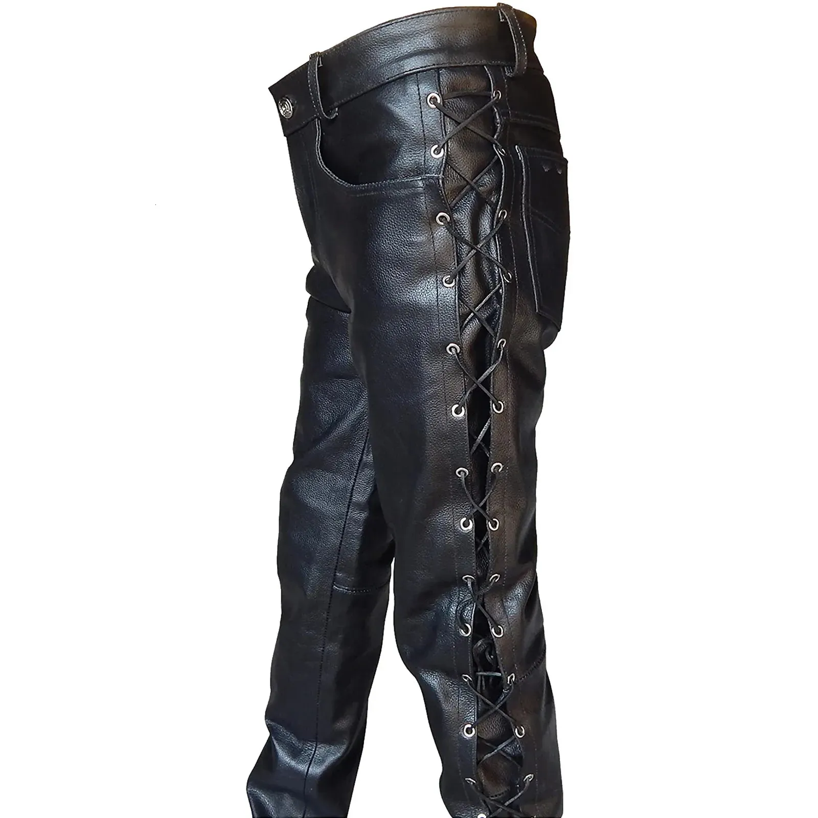Men Drawstring Lace-Up PU Leather Pants Slim Straight Pants Skinny Trousers