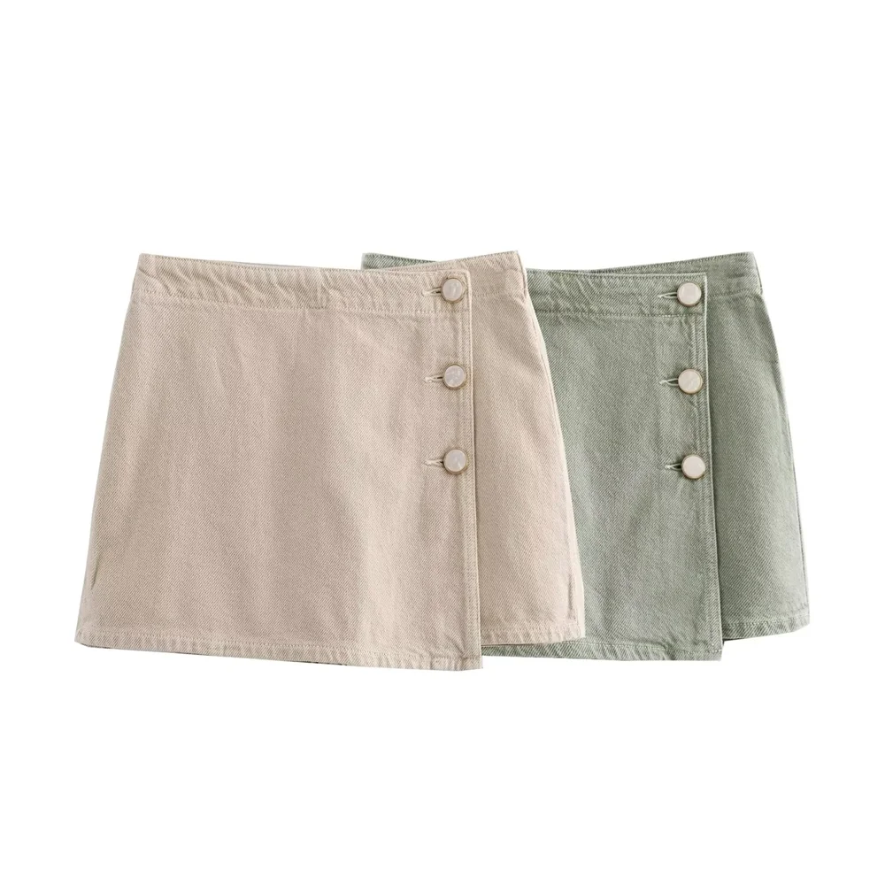 Women's Fashion Style Slim Fit Versatile Button Decoration High Waist Short Denim Skirts