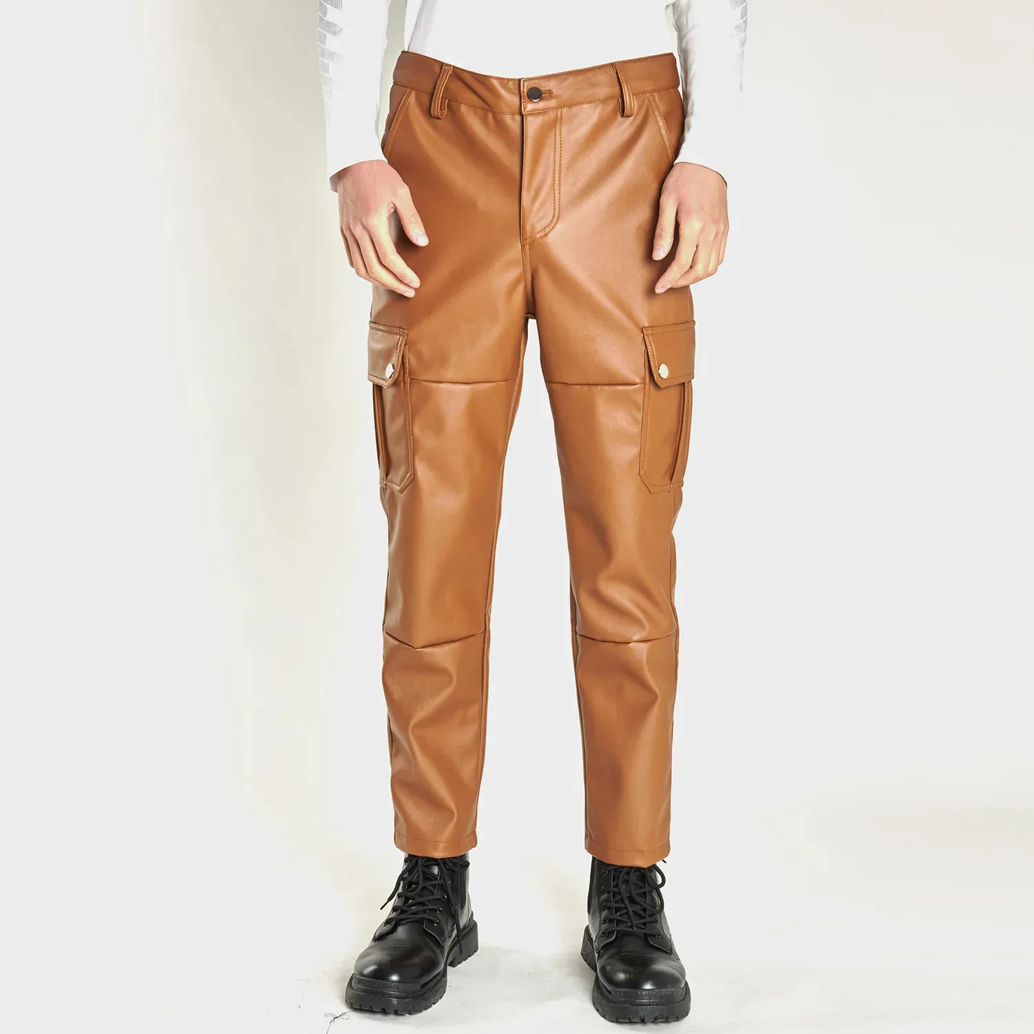 Men’s Multi-Pocket Casual PU Pants Trendy Biker Leather Windproof Waterproof Dirt-Resistant Trousers