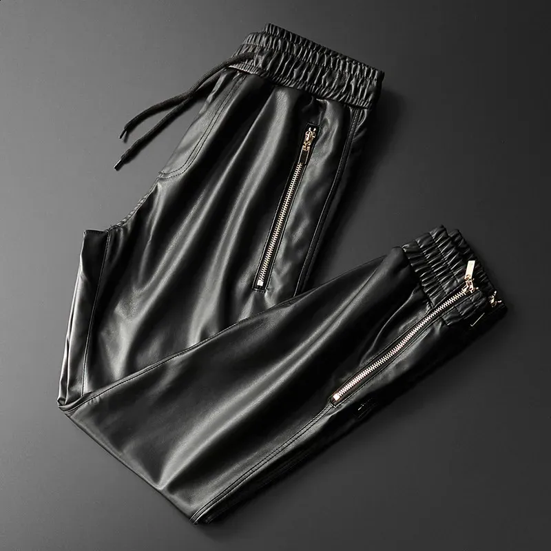 Men’s High-Quality PU Leather Pants With Elastic Waist Jogger Style Motorcycle Trousers