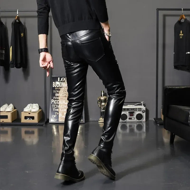 Men’s Skinny Faux Leather Biker Pants Fashion Motorcycle Trouser For Stage Club Wear