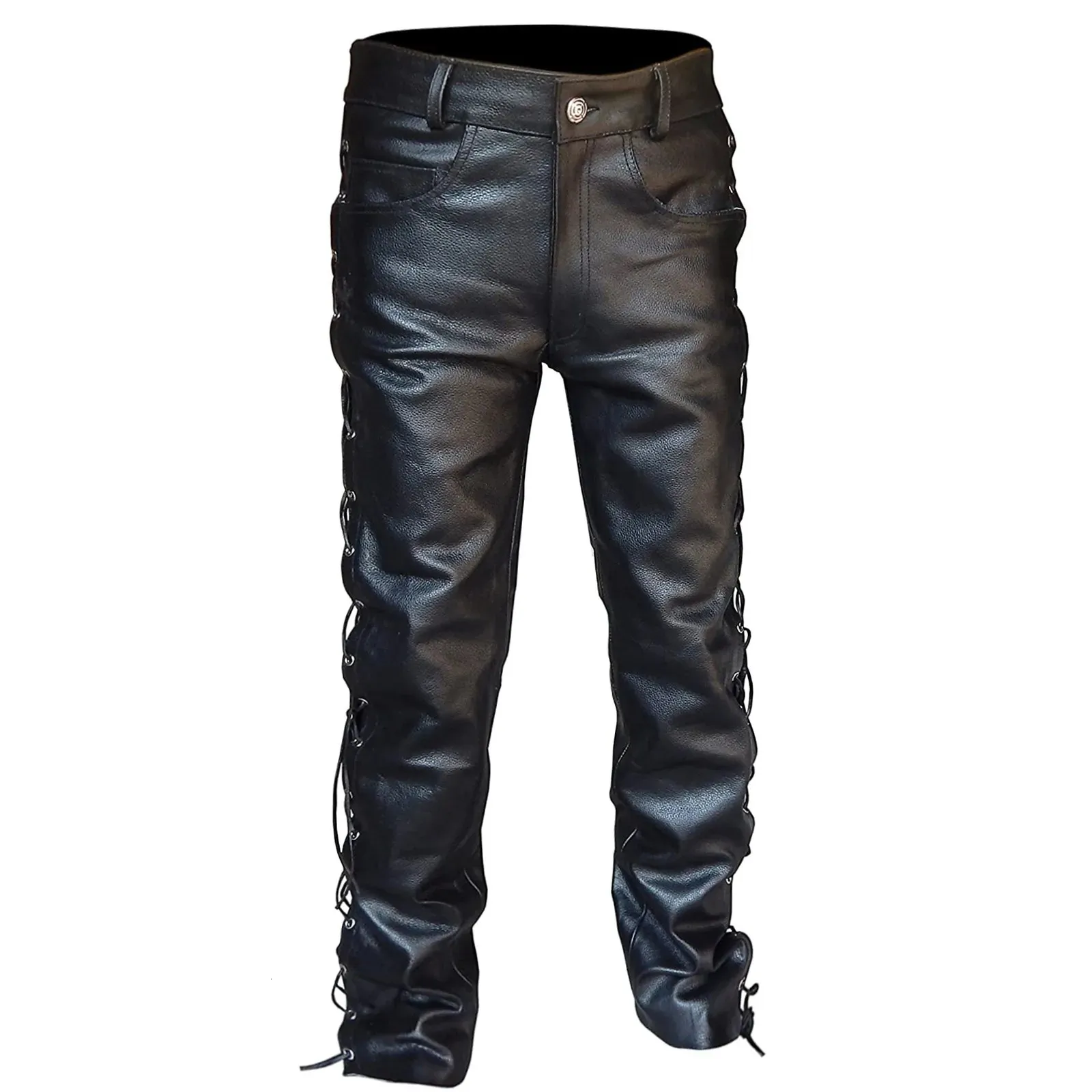 Men Drawstring Lace-Up PU Leather Pants Slim Straight Pants Skinny Trousers