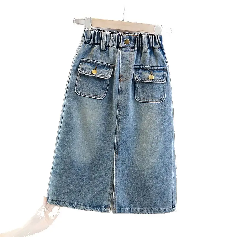 Denim Midi Skirt Autumn Elastic Waist Casual Versatile Over-knee Women Skirt
