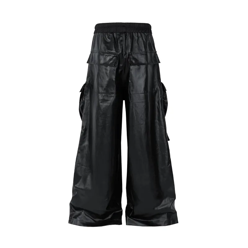 Vintage Matte Coated Cargos For Men Wide Leg Drawstring Baggy Leather Pants Trousers