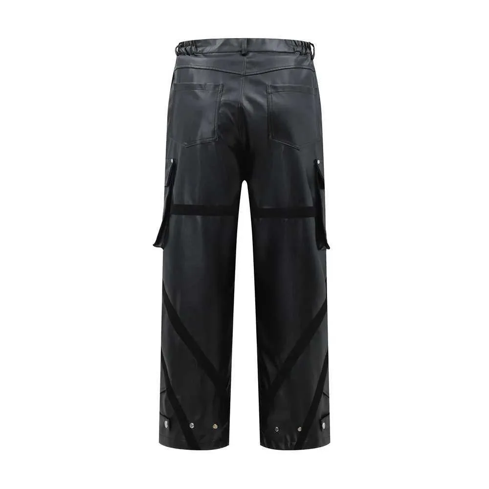 Men’s Thick PU Leather Pants High Street Loose Pleated Multi-Pocket Straight Trousers