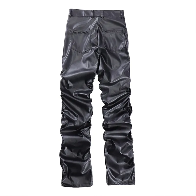 Men’s Retro Pleated PU Leather Loose Streetwear Casual Trousers