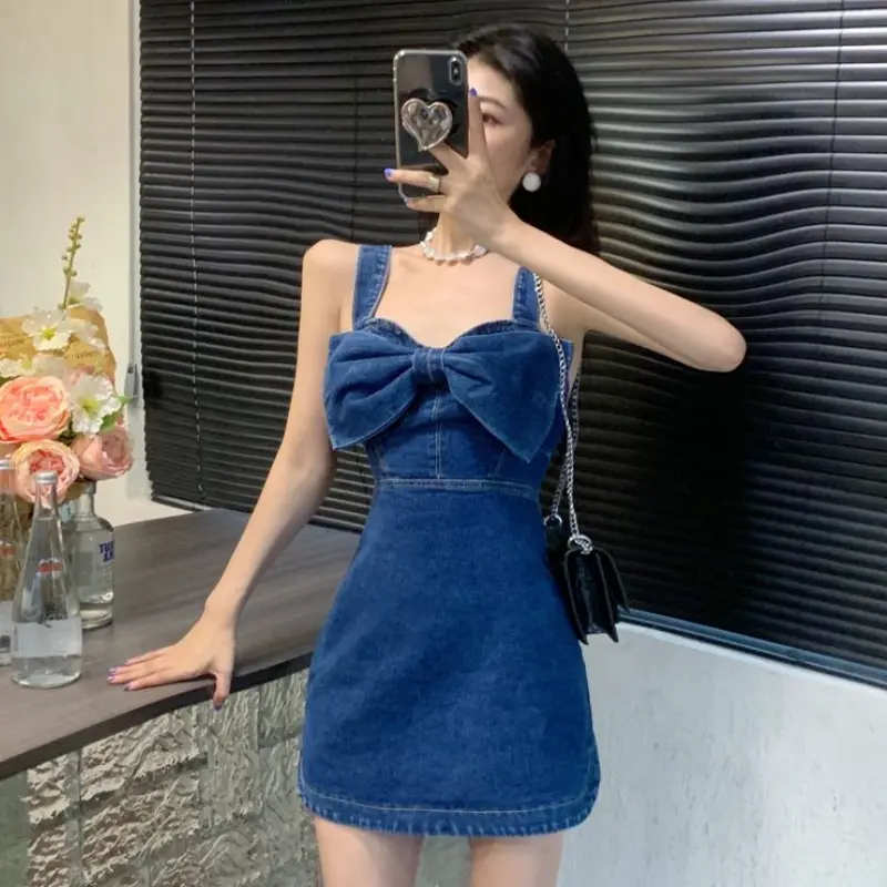 Women's Sleeveless Zipper Large Bow High Waist A-Line Slim Dress