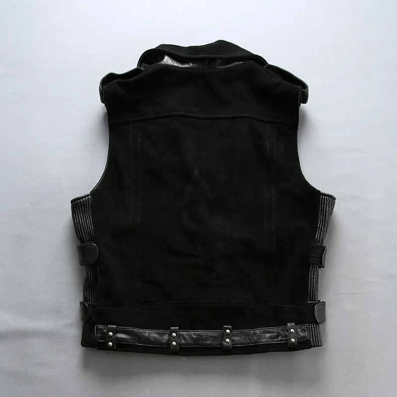 Suede First Layer Cow Genuine Leather Vest Jackets Lapel Neck Motorcycle Vest Jacket With Oblique Zipper