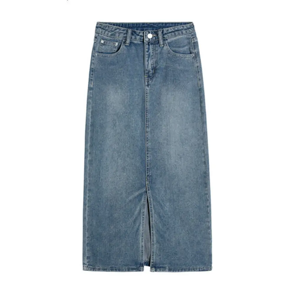 Women High-waist Retro Skirt Pockets Front Slit Denim Skirts Hip-covering Straight Long Jeans Skirt