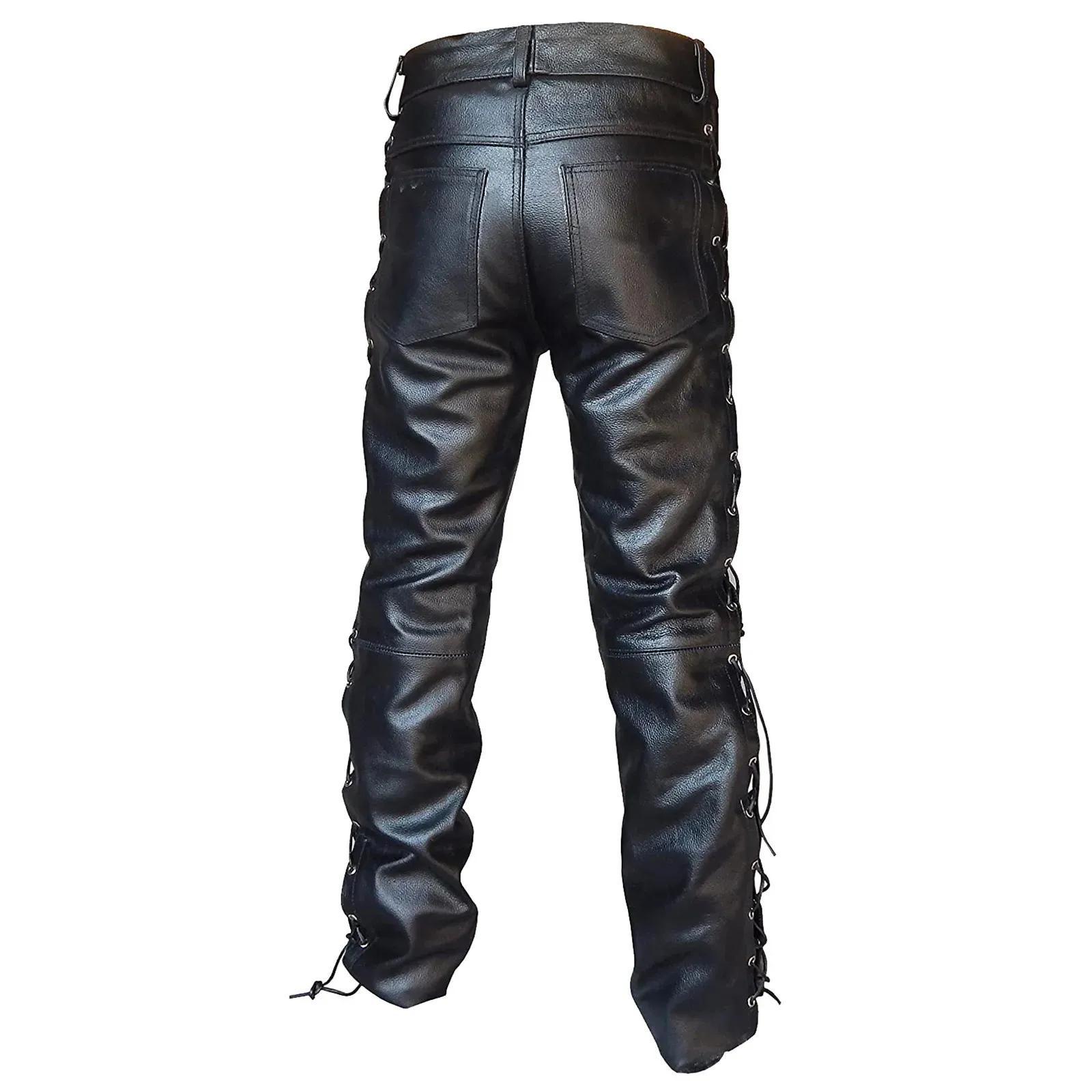 Men Drawstring Lace-Up PU Leather Pants Slim Straight Pants Skinny Trousers