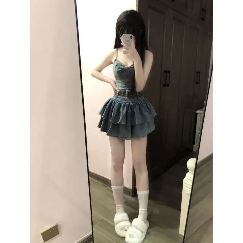 Washed Retro Design Denim Dress Korean Style Slim Puffy Cake Skirt Sleeveless