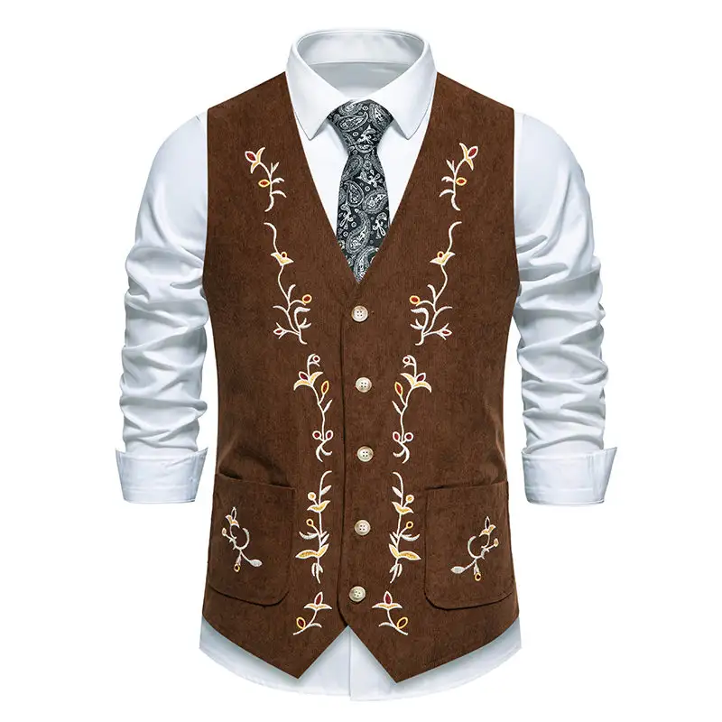 Corduroy Vest For Men Waistcoat Floral Embroidery Chaleco Vintage Dress Men Suit Vest